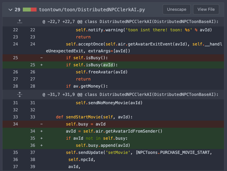 A screenshot of a code change, having 2 lines removed, and 4 added.